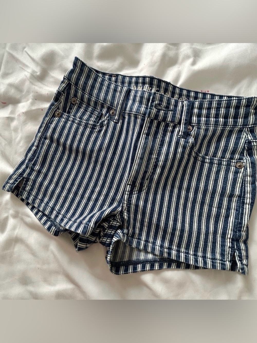 American Eagle Outfitters Navy and White Striped Denim Jean Shorts